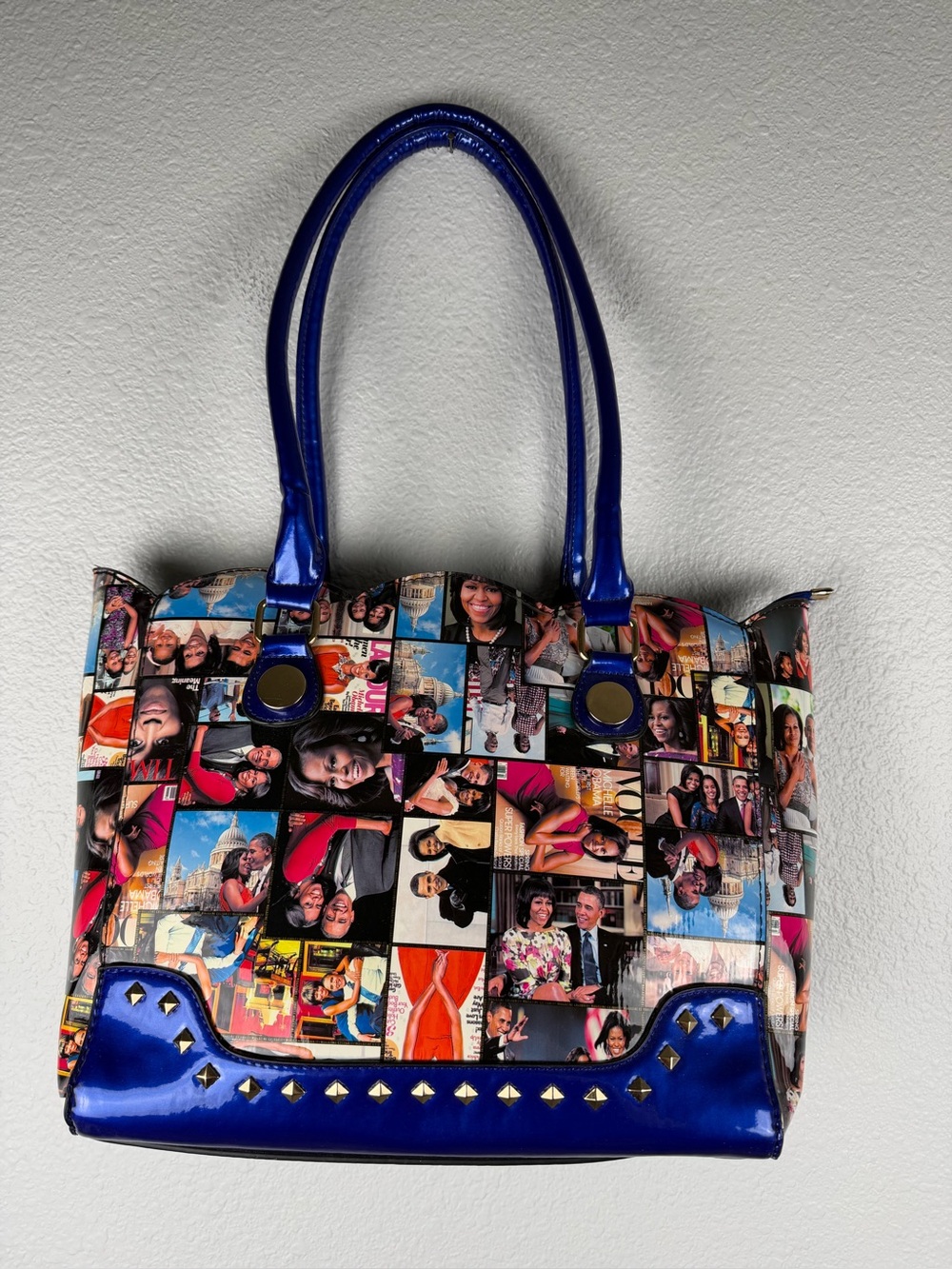 Michelle Obama magazine cover collage handbag blue patent leather trim & handles